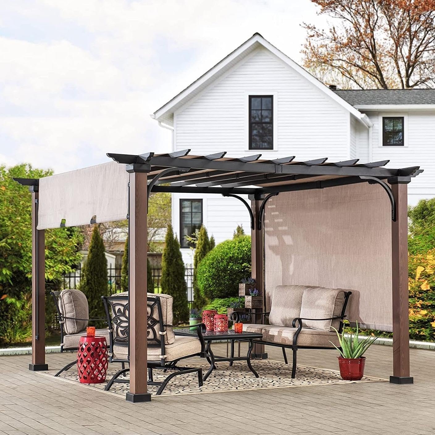 Sunjoy 11 x 11 ft Metal Pergola with Adjustable Tan Garden Shade
